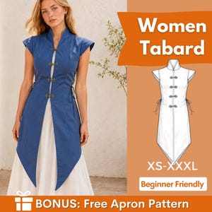 May include: A blue sleeveless tabard featuring a high collar and three decorative metal frog closures down the front. The garment has side ties and a pointed hemline. A white technical line drawing of the tabard is displayed with the text Women Tabard.