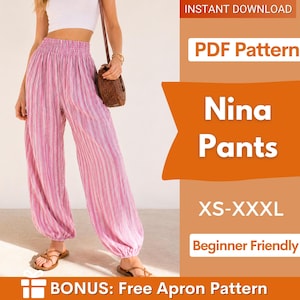 May include: High-waisted pants with a pink, white, and purple vertical striped pattern, featuring an elasticized waistband and gathered cuffs. The text on the image reads: INSTANT DOWNLOAD, PDF Pattern, Nina Pants, XS-XXXL, Beginner Friendly, BONUS: Free Apron Pattern.