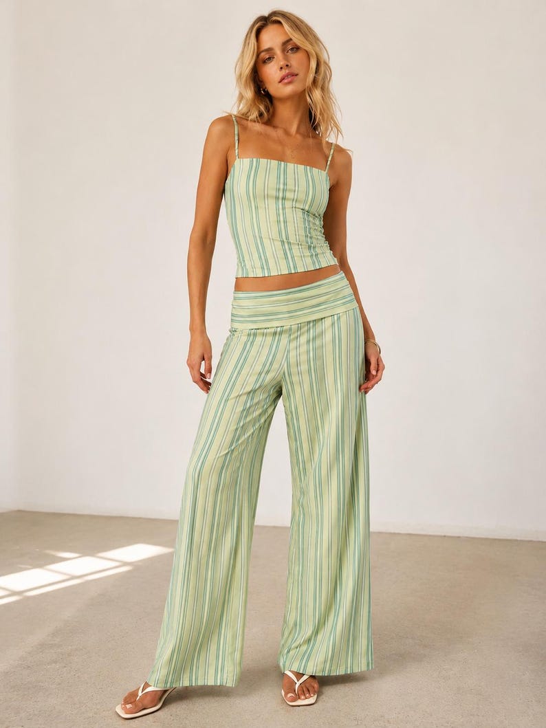 May include: A two-piece outfit featuring a striped camisole top and wide-leg pants. The ensemble is in a light green color with vertical stripes in a darker green. The top has thin straps, and the pants have a high waist. The outfit is made of a lightweight fabric.