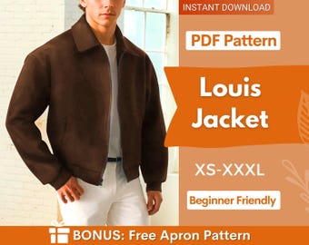 May include: A brown jacket with a collar and front zipper, worn over a white shirt and white pants. The image includes text: INSTANT DOWNLOAD, PDF Pattern, Louis Jacket, XS-XXXL, Beginner Friendly, and BONUS: Free Apron Pattern.