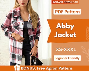 May include: A long-sleeved button-down jacket featuring a red, white, and black plaid pattern with a collar and two chest pockets. The text on the right side reads: INSTANT DOWNLOAD, PDF Pattern, Abby Jacket, XS-XXXL, Beginner Friendly, BONUS: Free Apron Pattern.