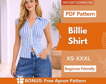 Billie Shirt Sewing Pattern, Button Up Shirt Pattern, Fitted Shirt Pattern, Sewing patterns Women, Summer Top Pattern, Shirt Top Women