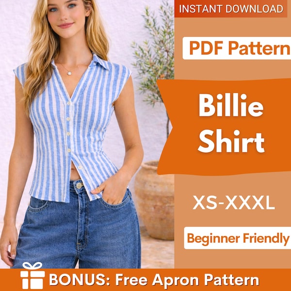 Billie Shirt Sewing Pattern, Button Up Shirt Pattern, Fitted Shirt Pattern, Sewing patterns Women, Summer Top Pattern, Shirt Top Women