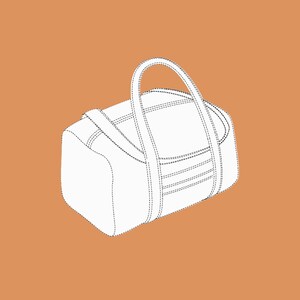 Pu&ograve; includere: Una borsa da viaggio bianca di forma rettangolare con un manico superiore. La borsa ha due cinghie e un design cucito. Lo sfondo &egrave; di colore arancione.