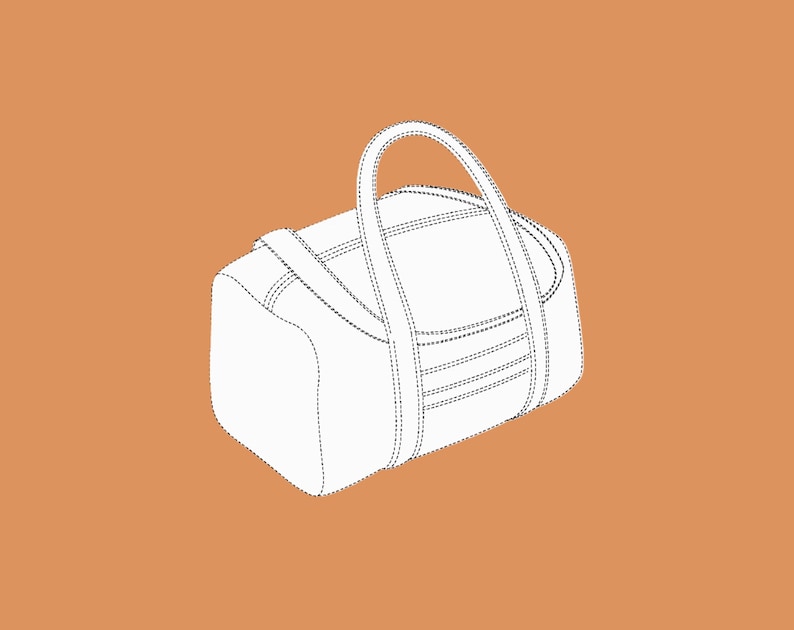 Pu&ograve; includere: Una borsa da viaggio bianca di forma rettangolare con un manico superiore. La borsa ha due cinghie e un design cucito. Lo sfondo &egrave; di colore arancione.