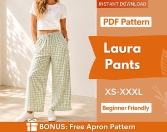 Könnte beinhalten: Ein digitales Produktangebot für das Laura Pants PDF-Schnittmuster, Größen XS-XXXL. Das Bild zeigt eine weit geschnittene Hose mit hellgrün-weißem Vichy-Karo-Muster, elastischem Bund mit Kordelzug und Seitentaschen. Enthält ein kostenloses Schürzen-Schnittmuster.