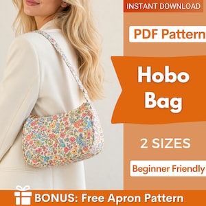 Puede incluir: Un bolso hobo con estampado floral, forma curva y correa a juego. El bolso presenta un colorido patrón de flores y hojas. La imagen también incluye el texto "PDF Pattern", "Hobo Bag", "2 SIZES" y "Beginner Friendly".