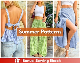 Summer Sewing Patterns Bundle | Women Sewing Pattern | Back Tie Top Pattern | Wide Leg Pants Pattern | Peplum Top | Maxi Skirt Pattern