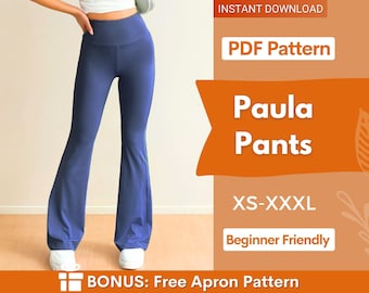 May include: A digital PDF pattern for Paula Pants in sizes XS-XXXL. The image displays blue high-waisted flared pants with a wide waistband. Text on the graphic includes INSTANT DOWNLOAD, PDF Pattern, Paula Pants, XS-XXXL, and BONUS: Free Apron Pattern.