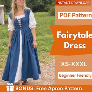 May include: A blue sleeveless dress with a white blouse featuring puffed sleeves, worn underneath. The bodice has a lace-up front. Text on the image reads: INSTANT DOWNLOAD, PDF Pattern, Fairytale Dress, XS-XXXL, Beginner Friendly, BONUS: Free Apron Pattern.