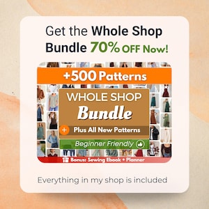 The image is an advertisement for a sewing and crafting store that offers a bundle of various patterns and resources, including a sewing book and a planner.