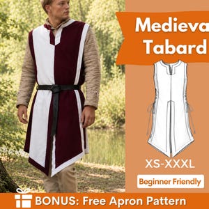 Può includere: Una tunica senza maniche con un design a blocchi di colore bordeaux scuro e bianco, indossata sopra un indumento trapuntato beige a maniche lunghe con una cintura nera. L'immagine include un disegno tecnico della tunica e il testo Medieval Tabard XS-XXXL.
