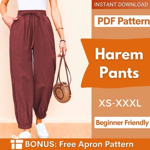 May include: Dark maroon harem pants with an elastic waistband, a drawstring tie, and elasticized cuffs at the ankles. The text on the right reads: INSTANT DOWNLOAD, PDF Pattern, Harem Pants, XS-XXXL, Beginner Friendly, BONUS: Free Apron Pattern.