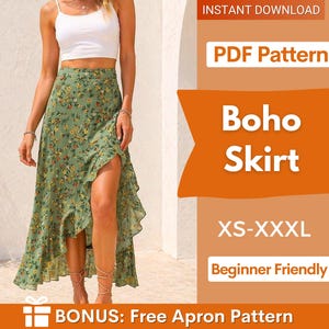May include: A green floral print Boho skirt with a high slit and ruffle detail. The skirt is paired with a white crop top. The image also includes text that says "PDF Pattern", "Boho Skirt", "XS-XXXL", and "Beginner Friendly".