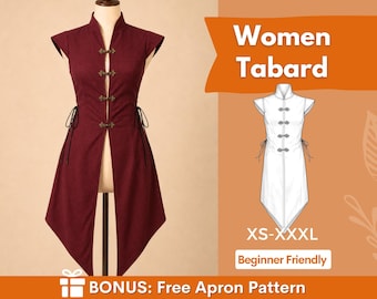 May include: A dark red sleeveless tabard featuring a mandarin collar, four ornate metal frog closures down the front, and side ties. The image includes a white line drawing of the garment with the text Women Tabard, XS-XXL, and Beginner Friendly.
