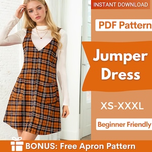 Könnte beinhalten: Ein ärmelloses Trägerkleid mit Karomuster in Orange, Schwarz und Weiß sowie zwei Vordertaschen. Der Text auf dem Bild lautet: INSTANT DOWNLOAD, PDF Pattern, Jumper Dress, XS-XXXL, Beginner Friendly, BONUS: Free Apron Pattern.