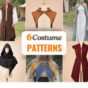 May include: A collection of 6 costume patterns featuring a brown sleeveless vest, a tan hooded cowl, a white and sage green dress, a black hooded capelet with buckles, a blue and yellow jester collar, and a maroon sleeveless tunic with toggles.