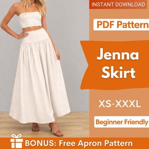 May include: A beige maxi skirt with a high, wide waistband and a full, gathered silhouette. The text on the image reads: INSTANT DOWNLOAD, PDF Pattern, Jenna Skirt, XS-XXXL, Beginner Friendly, BONUS: Free Apron Pattern.