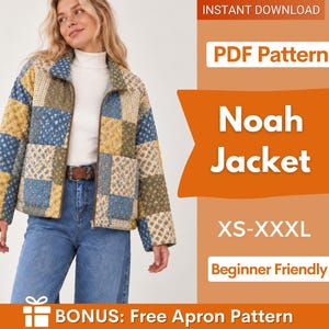 May include: A patchwork jacket featuring a blue, yellow, and olive green floral pattern with a zip closure. The text on the right reads: INSTANT DOWNLOAD, PDF Pattern, Noah Jacket, XS-XXXL, Beginner Friendly, BONUS: Free Apron Pattern.