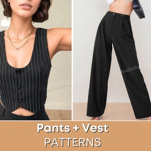 Vest + Wide Leg Pants Sewing Pattern Bundle, XS-XXXL, High Waisted Wide Leg Pants, Crop Waistcoat, Crop Vest, Trouser Pattern, Modern sewing