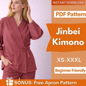 Può includere: Un top kimono Jinbei color rosa polvere con maniche lunghe, scollo a V e chiusura laterale a fiocco. L'immagine include il testo: INSTANT DOWNLOAD, PDF Pattern, Jinbei Kimono, XS-XXXL, Beginner Friendly e BONUS: Free Apron Pattern.