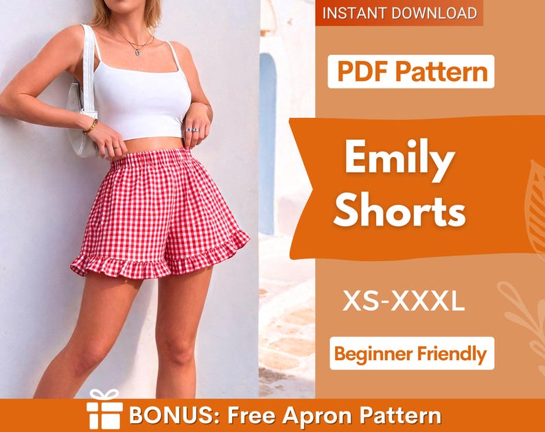 May include: Red and white gingham shorts with a ruffled hem. The shorts are paired with a white crop top. The image also includes a graphic with the text "Emily Shorts", "XS-XXXL", and "Beginner Friendly".