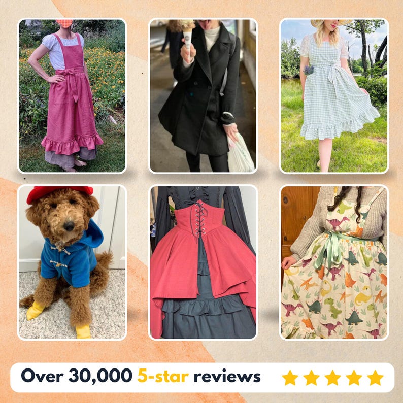 K&ouml;nnte beinhalten: Eine Collage aus sechs Bildern mit verschiedenen Kleidungsst&uuml;cken: eine rosa Sch&uuml;rze &uuml;ber einem wei&szlig;en Oberteil, ein schwarzer Mantel, ein hellgr&uuml;nes Vichy-Kleid, ein blauer Kapuzenmantel auf einem Hund, ein rotes Korsett &uuml;ber einem schwarzen Rock.