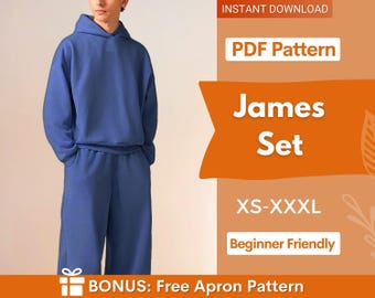 May include: A blue hooded sweatshirt and matching pants set. The text on the right side reads: INSTANT DOWNLOAD, PDF Pattern, James Set, XS-XXXL, Beginner Friendly, BONUS: Free Apron Pattern. The design features a solid blue color scheme.