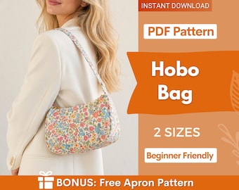 May include: A hobo bag featuring a colorful floral pattern with small red, blue, and yellow flowers on a cream background. The text on the image reads: INSTANT DOWNLOAD, PDF Pattern, Hobo Bag, 2 SIZES, Beginner Friendly, BONUS: Free Apron Pattern.
