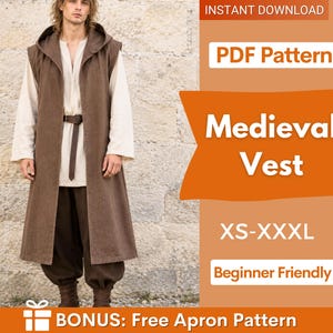 May include: A brown sleeveless hooded vest worn over a cream-colored long-sleeved tunic and brown trousers. The image includes text: INSTANT DOWNLOAD, PDF Pattern, Medieval Vest, XS-XXXL, Beginner Friendly, and BONUS: Free Apron Pattern.