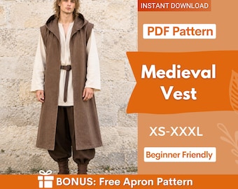 Naaipatroon voor een middeleeuws vest voor mannen | Tuniekpatroon | Krijgersgewaadpatroon | Kostuumnaaipatroon | Fantasiepatroon | Patroon voor beginners