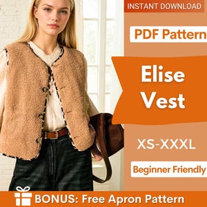 Op de afbeelding: Een bruin vest met knopen, zwarte bies en een getextureerde uitstraling. De afbeelding bevat de tekst "Elise Vest" en "XS-XXXL", wat duidt op een patroon voor een vest. De woorden "Beginner Friendly" en "BONUS: Free Apron Pattern" zijn ook zichtbaar.