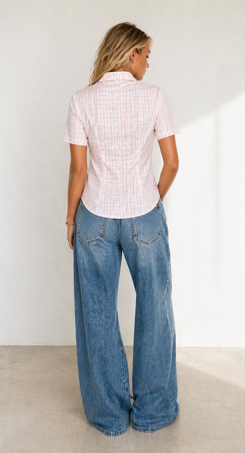May include: A light pink short-sleeved shirt with a white and red plaid pattern, paired with blue denim wide-leg jeans. The shirt has a collared neckline and button-down front. The jeans have a high waist and a relaxed fit.