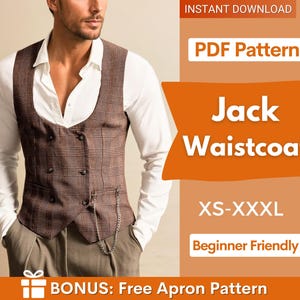 Puede incluir: Un chaleco a cuadros marrón con un diseño cruzado, usado sobre una camisa blanca. La imagen incluye el texto "Jack Waistcoat" y "PDF Pattern". El rango de tallas es XS-XXXL, y es "Beginner Friendly".