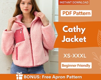 May include: A pink fleece jacket with a high collar, a full-length front zipper, and a contrasting dark pink chest pocket. The text on the right side reads: INSTANT DOWNLOAD, PDF Pattern, Cathy Jacket, XS-XXXL, Beginner Friendly, BONUS: Free Apron Pattern.