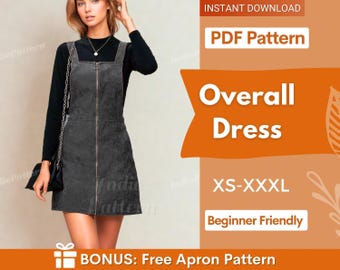 Overall Dress Sewing Pattern for Women PDF,  Women's Dress Pattern, Sewing Pattern Dress , Beginner Sewing Project, Front Zipper Dress