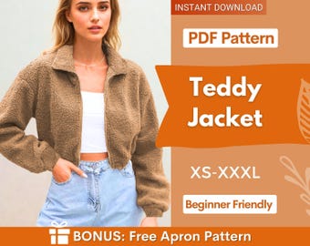 Puede incluir: Una chaqueta teddy marrón con cuello y mangas largas. La imagen incluye el texto: INSTANT DOWNLOAD, PDF Pattern, Teddy Jacket, XS-XXXL, Beginner Friendly y BONUS: Free Apron Pattern. La chaqueta se lleva sobre una prenda blanca.