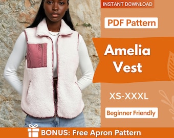 May include: A white sherpa fleece vest with a pink zippered chest pocket and pink trim. The text on the image reads: INSTANT DOWNLOAD, PDF Pattern, Amelia Vest, XS-XXXL, Beginner Friendly, BONUS: Free Apron Pattern. The vest has a high collar.