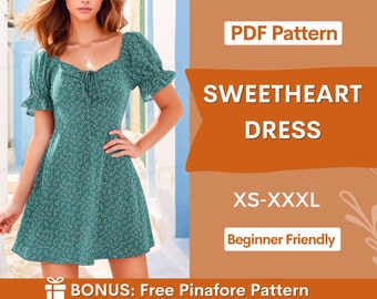 Sweetheart Dress Sewing Pattern PDF | XS-XXXL | Women Dress Pattern | Summer Dress Pattern | Women Sewing Pattern | Puff Sleeved Dress