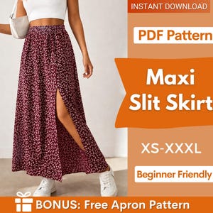 Op de afbeelding: Een bordeauxrode maxirok met een klein wit bloemenpatroon en een hoge zijsplit. De tekst op de afbeelding luidt: INSTANT DOWNLOAD, PDF Pattern, Maxi Slit Skirt, XS-XXXL, Beginner Friendly, BONUS: Free Apron Pattern.