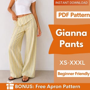May include: Wide-leg trousers with a yellow and white vertical stripe pattern, featuring a folded waistband. The text on the image reads: INSTANT DOWNLOAD, PDF Pattern, Gianna Pants, XS-XXXL, Beginner Friendly, BONUS: Free Apron Pattern.