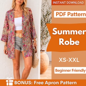 Può includere: Una vestaglia a maniche lunghe aperta sul davanti con un vivace motivo paisley multicolore nelle tonalità del rosa, rosso e oro. Il testo sull'immagine recita: INSTANT DOWNLOAD, PDF Pattern, Summer Robe, XS-XXL, Beginner Friendly, BONUS: Free Apron Pattern.