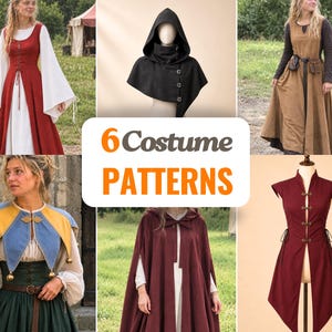 May include: A collection of 6 costume patterns featuring a red dress with white sleeves, a black hooded cowl, a brown apron dress, a blue and yellow jester collar, a long burgundy cloak, and a sleeveless burgundy tunic with front closures.