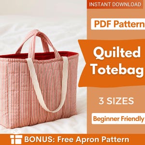 Puede incluir: Un bolso tote acolchado con rayas verticales rojas y blancas, con interior rojo y asas color crema. La imagen incluye texto que dice "Quilted Totebag", "3 Sizes" y "Beginner Friendly".