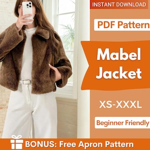 May include: A brown faux fur jacket with a collared neckline and a silver buckle belt. The image also includes the text "Mabel Jacket", "XS-XXXL", and "Beginner Friendly". The image is a PDF pattern download.