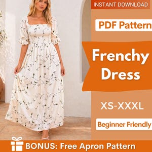 Op de afbeelding: Een crèmekleurige Frenchy Dress met een vierkante halslijn en korte mouwen, versierd met een delicaat zwart bloemenpatroon. De jurk is verkrijgbaar in de maten XS-XXXL en wordt als beginnersvriendelijk bestempeld. De tekst "INSTANT DOWNLOAD" en "PDF Pattern" is ook aanwezig.