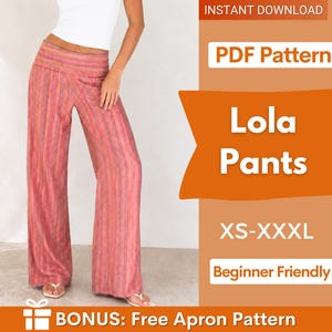Könnte beinhalten: Eine Person trägt eine rosa-orange gestreifte Lola-Hose. Die Hose hat weite Beine und eine hohe Taille. Das Bild enthält auch den Text "PDF Pattern", "Lola Pants", "XS-XXXL" und "Beginner Friendly".