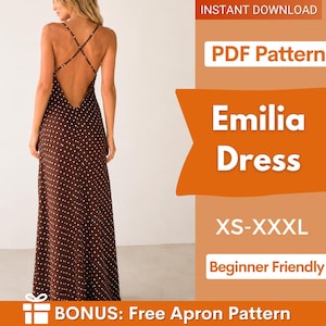 Può includere: Un abito lungo marrone a pois bianchi, caratterizzato da una schiena scoperta e sottili spalline incrociate. L'immagine include il testo: INSTANT DOWNLOAD, PDF Pattern, Emilia Dress, XS-XXXL, Beginner Friendly, BONUS: Free Apron Pattern.