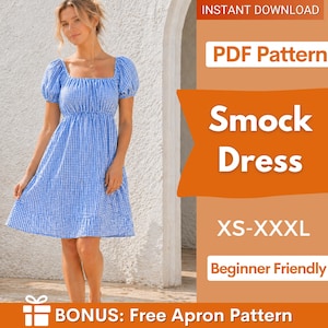 May include: A blue and white gingham smock dress with a square neckline and short puff sleeves. The dress has a fitted bodice and a flared skirt. The image also includes text that says "PDF Pattern", "Smock Dress", "XS-XXXL", and "Beginner Friendly".