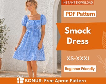 女性用スモックドレス型紙（PDF）｜XS～XXXL｜ベビードールドレス型紙｜女性用ソーイングパターン｜ミルクメイドドレス、ミニドレス